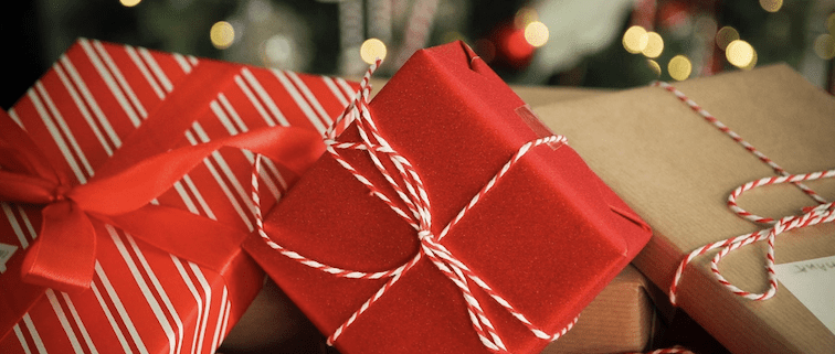 Red and brown wrapped Christmas gifts.